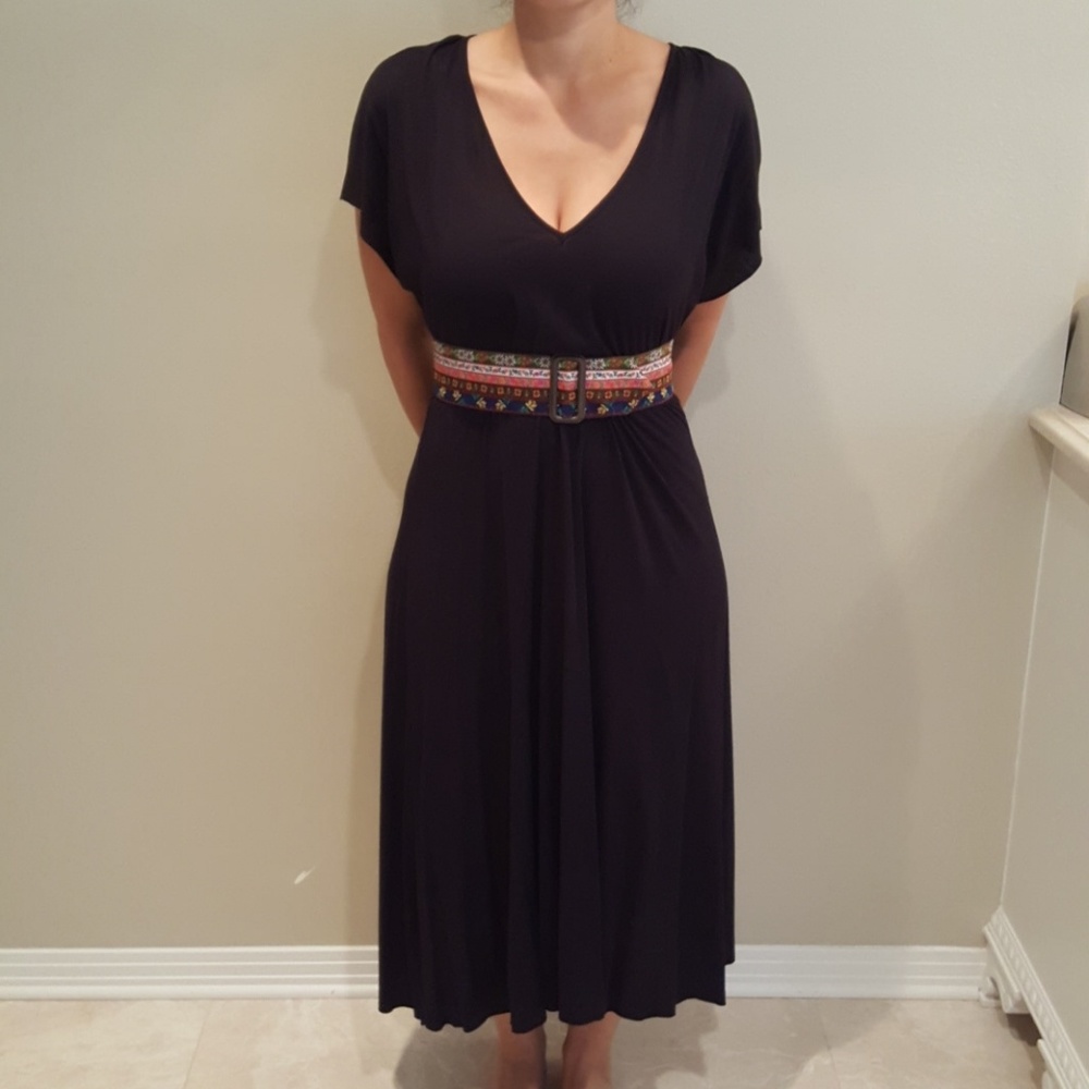 Tea length black dress with colorful belt